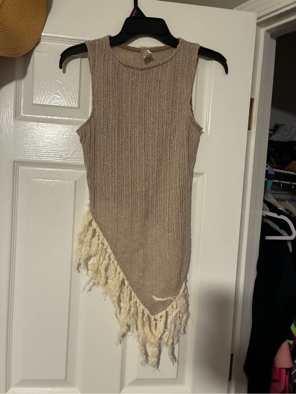 Taupe Asymmetrical Knit Fringe Tank Top